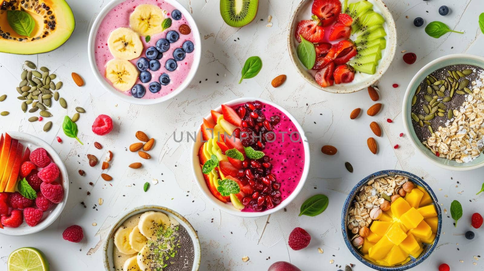 A selection of bowls filled with a variety of fruits and nuts displayed on a table, perfect as finger food or garnish for a sweet dish. Ingredients for a delicious and nutritious recipe AIG50