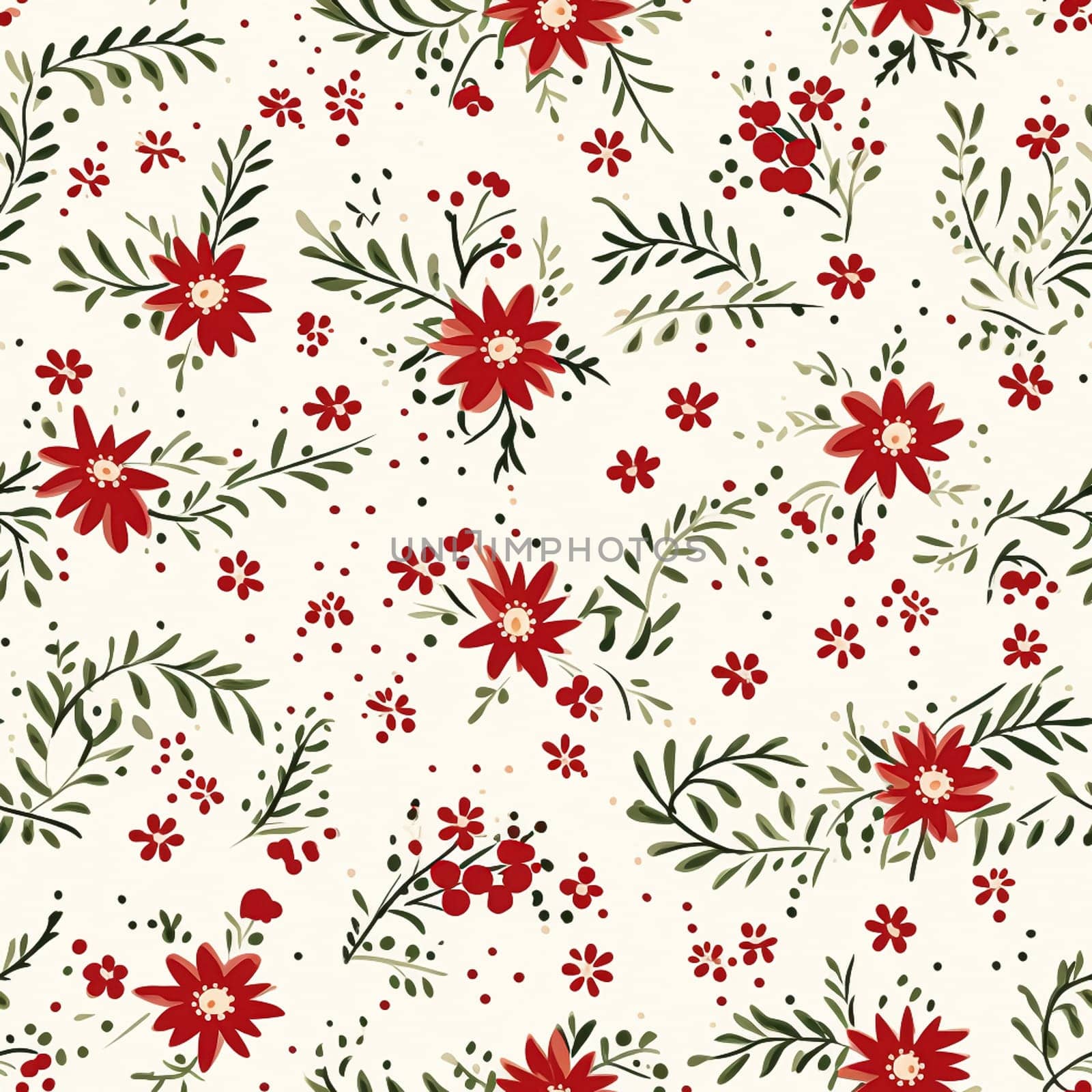 Seamless pattern, tileable Christmas holiday floral country dots print, English countryside flowers for wallpaper, wrapping paper, scrapbook, fabric and product design by Anneleven