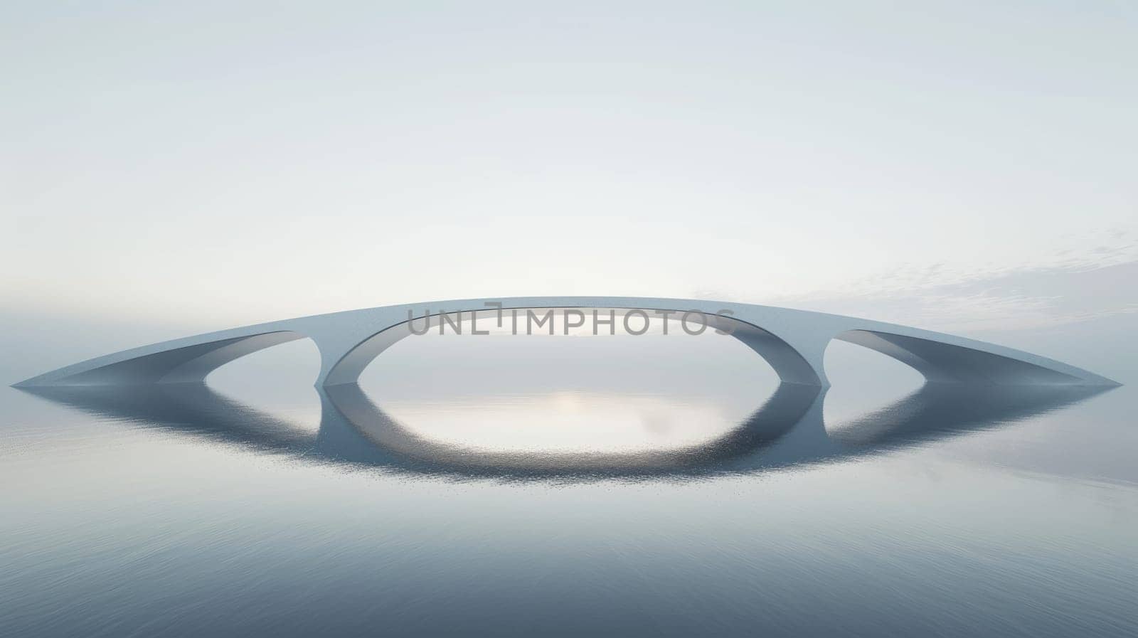 An image of minimalist architectural building or bridge surrounded with river and clear sky. Modern construction design represent tranquility and peaceful atmosphere with white and blue color. AIG42.