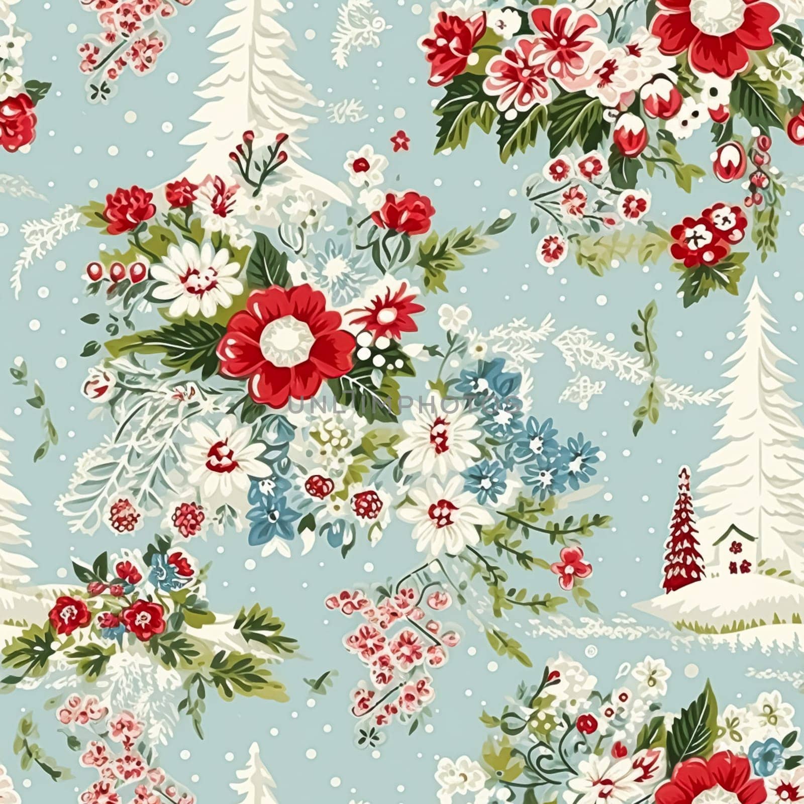 Seamless pattern, tileable Christmas holiday country house, floral dots print, English countryside for wallpaper, wrapping paper, scrapbook, fabric and product design by Anneleven