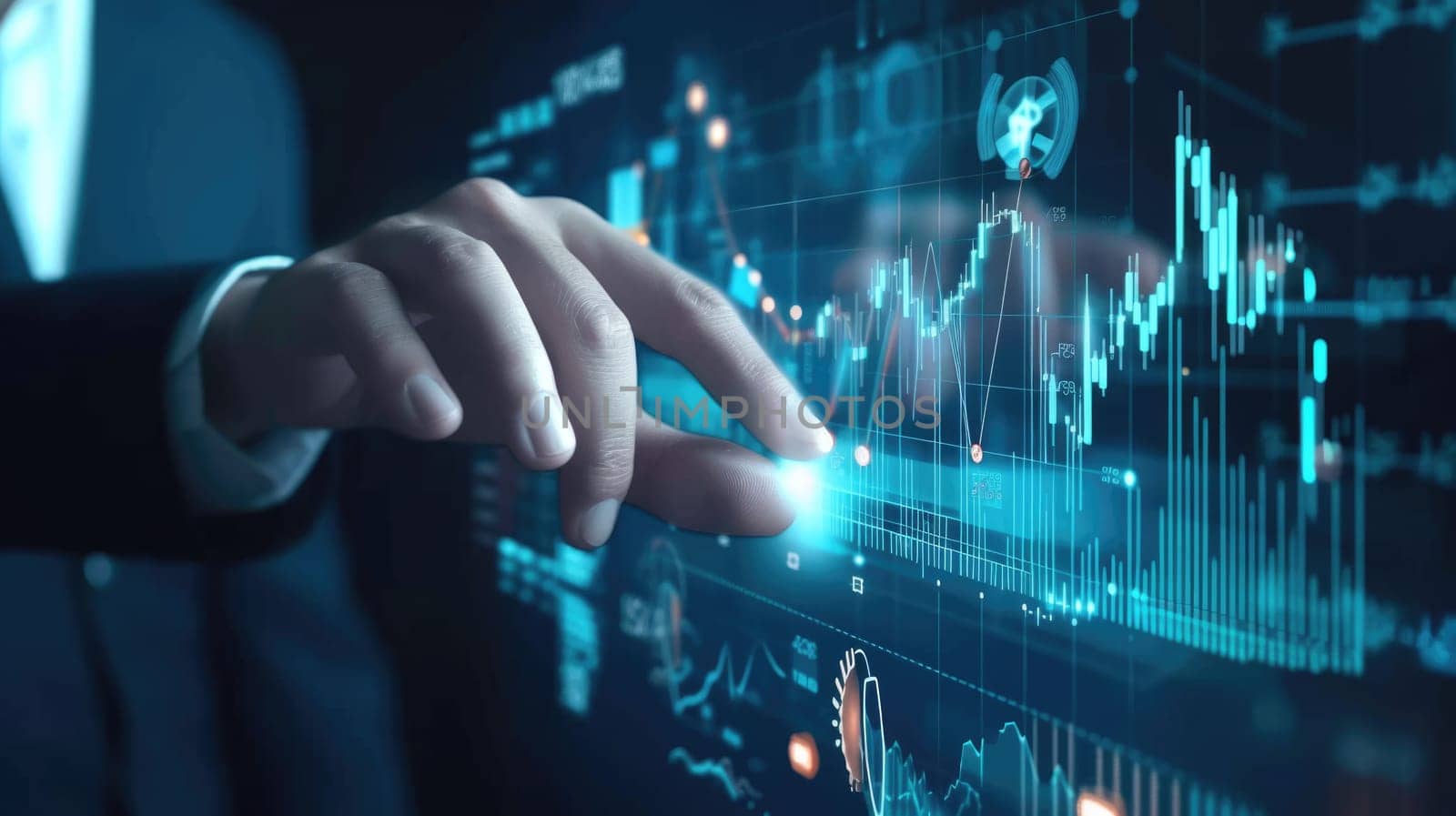 A hand points to fluctuating financial graphs on a futuristic digital interface, depicting the analysis of market trends and data. AIG41