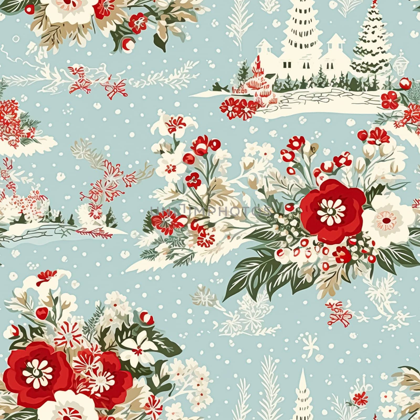 Seamless pattern, tileable Christmas holiday country house, floral dots print, English countryside for wallpaper, wrapping paper, scrapbook, fabric and product design by Anneleven