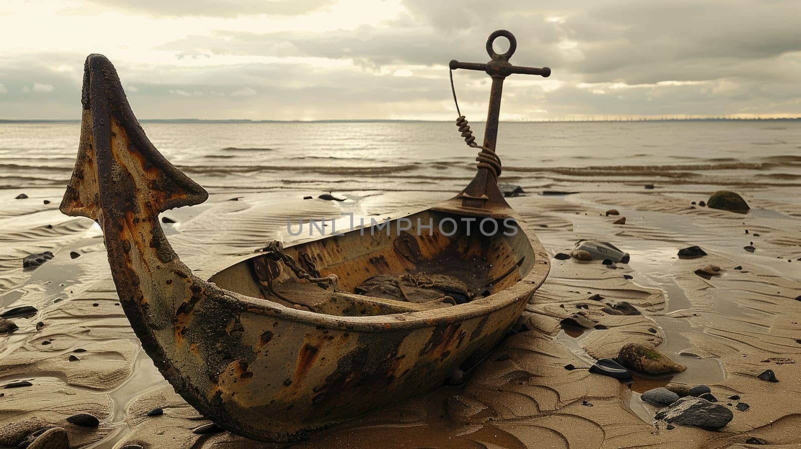 A weathered anchor rests on the sandy beach, surrounded by the gentle lapping of water. Nearby, a vibrant plant adds a touch of life to the serene scene AIG50