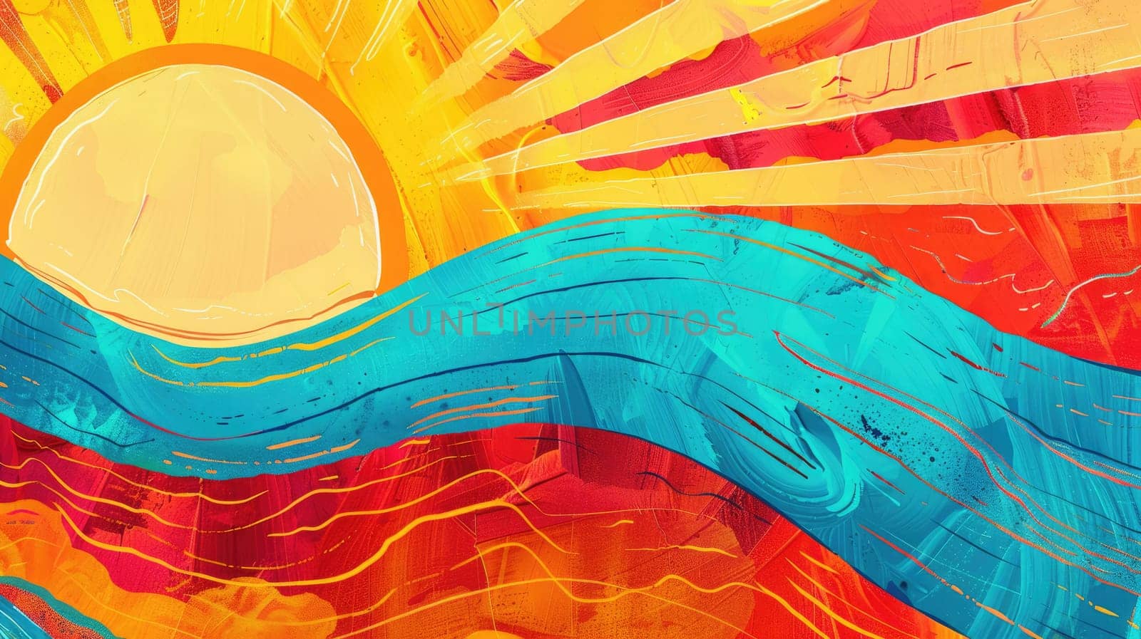 A detailed image capturing the vibrant colors of a rainbow reflecting off a body of water, with patterns resembling wind waves and clouds, depicted in a painting with electric blue hues AIG50