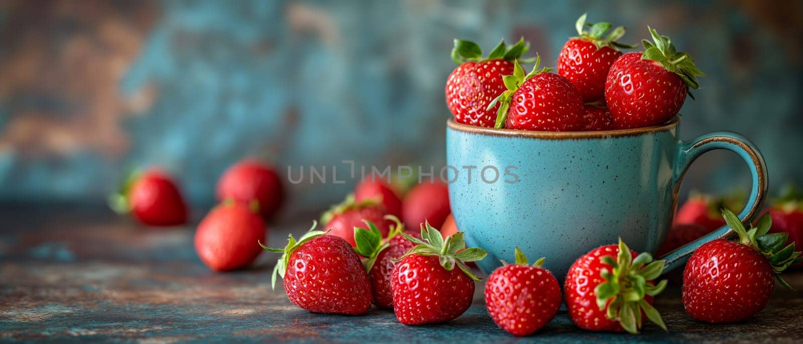 Red Cup With Strawberries on Wooden Table. Selective focus.