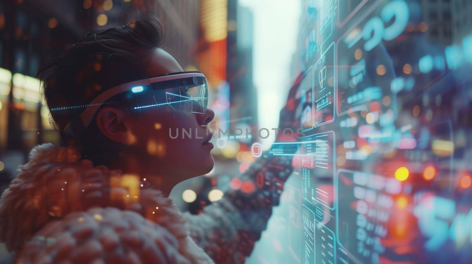 Business person wearing VR headset with financial statistic holographic floating. Close up of smart project manager looking at hologram of marketing graph while using visual reality goggle. AIG42.