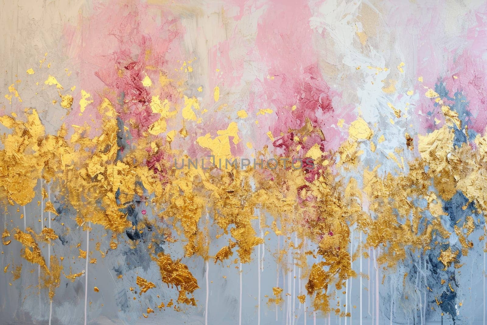 The abstract picture of the gold, pink and blue colour that has been painted or splashed on the white blank background wallpaper to form the random shape that cannot be describe yet beautiful. AIGX01.