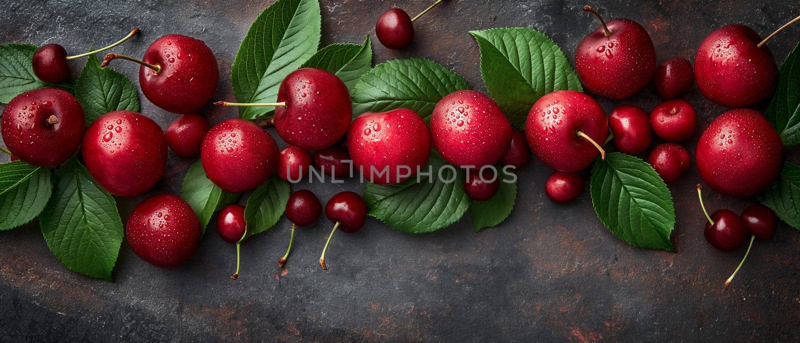 Fresh Red Cherries on Dark Surface. by Fischeron