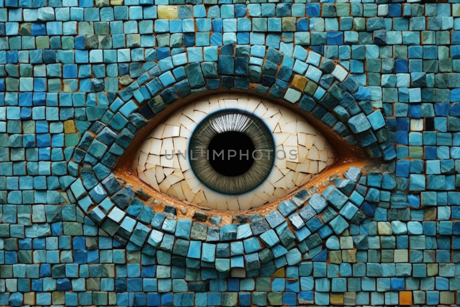 Abstract eye mosaic made of blue tiles and looking at camera. Close up of human eye staring at camera made by blue floor tiles. Artistic concept for vision and perception. Curious, observe. AIG35.