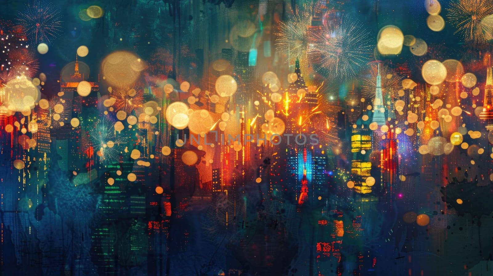 A stunning display of fireworks lighting up the night sky in the city. The blurry image captures the excitement and entertainment of a midnight holiday event AIG50