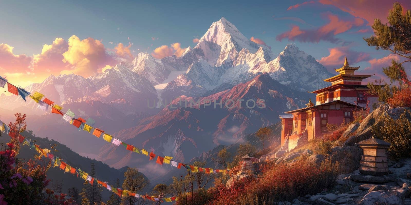 A serene temple adorned with colorful prayer flags stands against the backdrop of majestic snowy mountains illuminated by the sunrise. Resplendent.