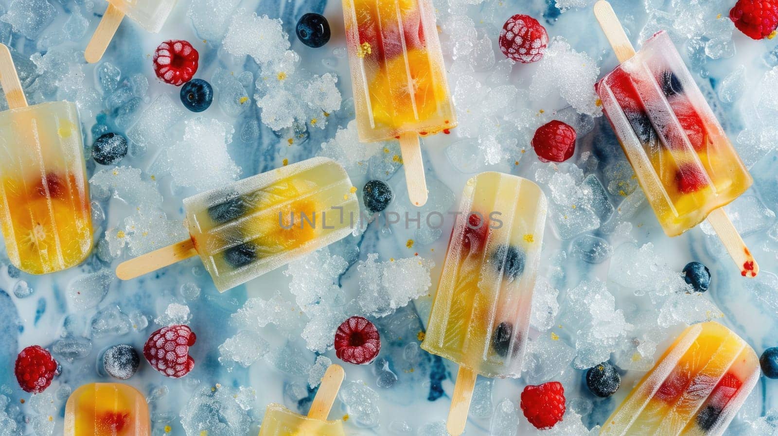 A colorful rectangle of natural foods art, featuring a dish of popsicles made with strawberries and blueberries as key ingredients in a refreshing peach cuisine recipe AIG50