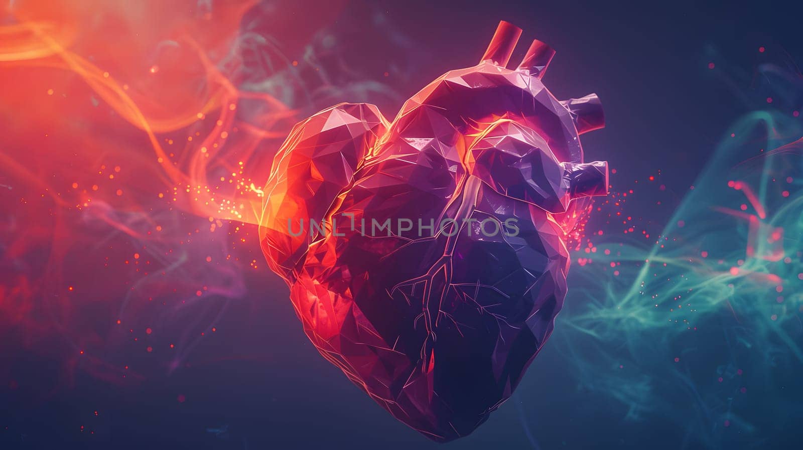 Computergenerated human heart image in electric blue on colorful background by Nadtochiy