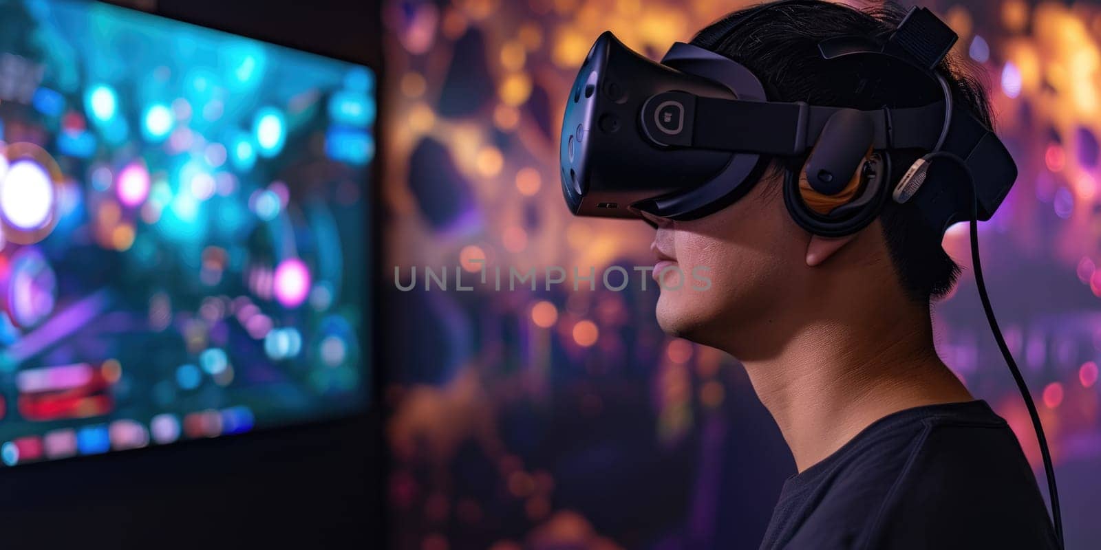 Gamer using VR goggle connecting in visual world program. Person standing while enter in futuristic world for playing game while using visual reality glasses. Technology innovation concept. AIG42.