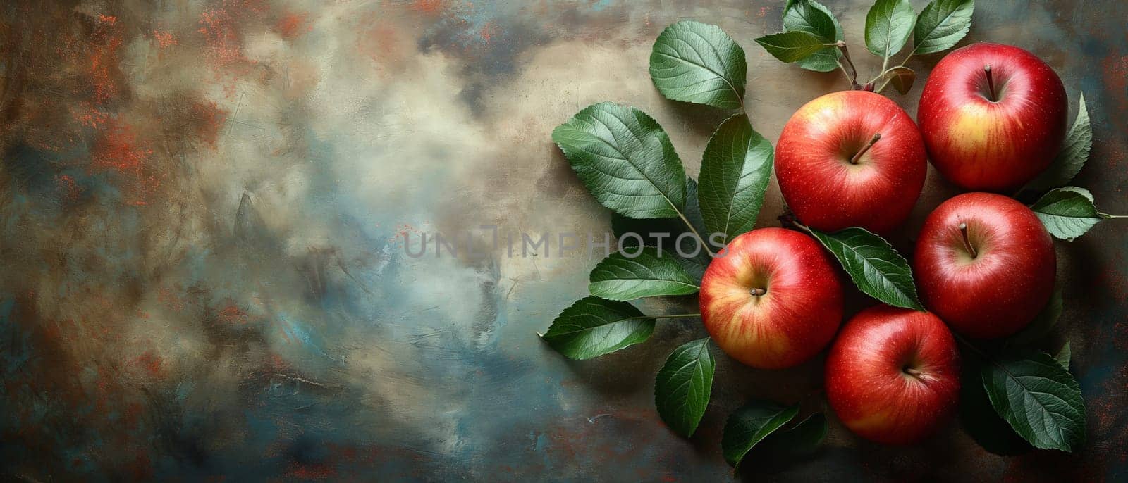 Red apples with leaves on a vintage background. Selective focus.