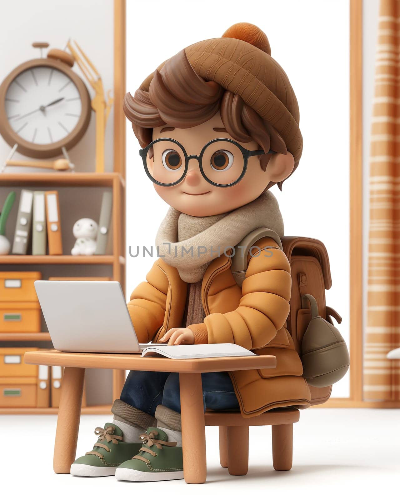 Cartoon, 3D, a boy works on a laptop at a table. by Fischeron