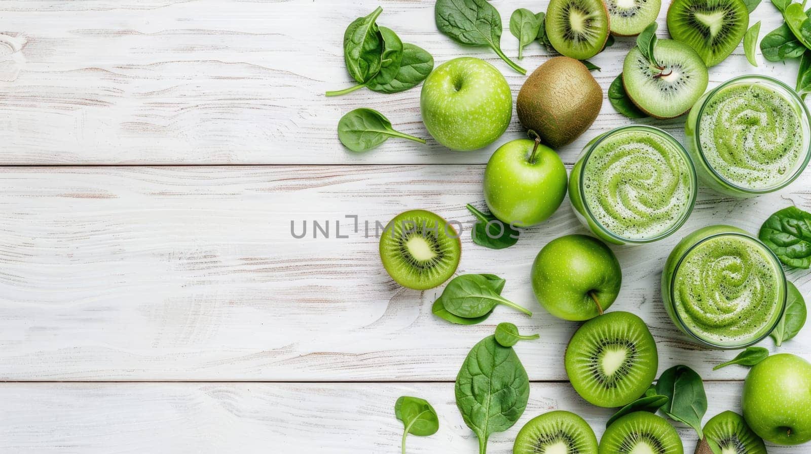 A rectangular white wooden table displaying an array of green fruits and vegetables, including Rangpur, sweet lemon, and Meyer lemon, perfect for a fresh and vibrant cuisine spread AIG50