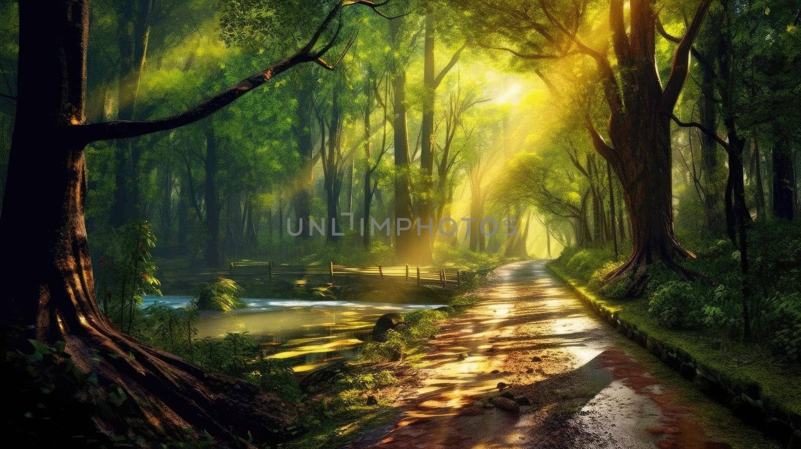 Yellow sunlight streaming through a forest path, highlighting the green foliage and peaceful atmosphere. The bright warming sunlight shine in to the forest through tree create calm atmosphere. AIG35.