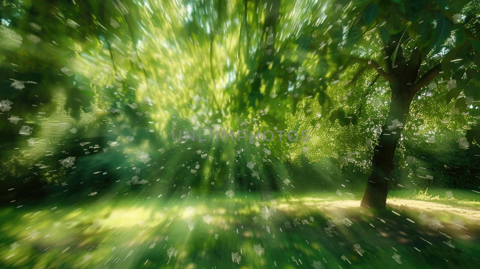 A beautiful painting depicting the sun shining through the trees in a park, illuminating the grass and creating a stunning natural landscape AIG50