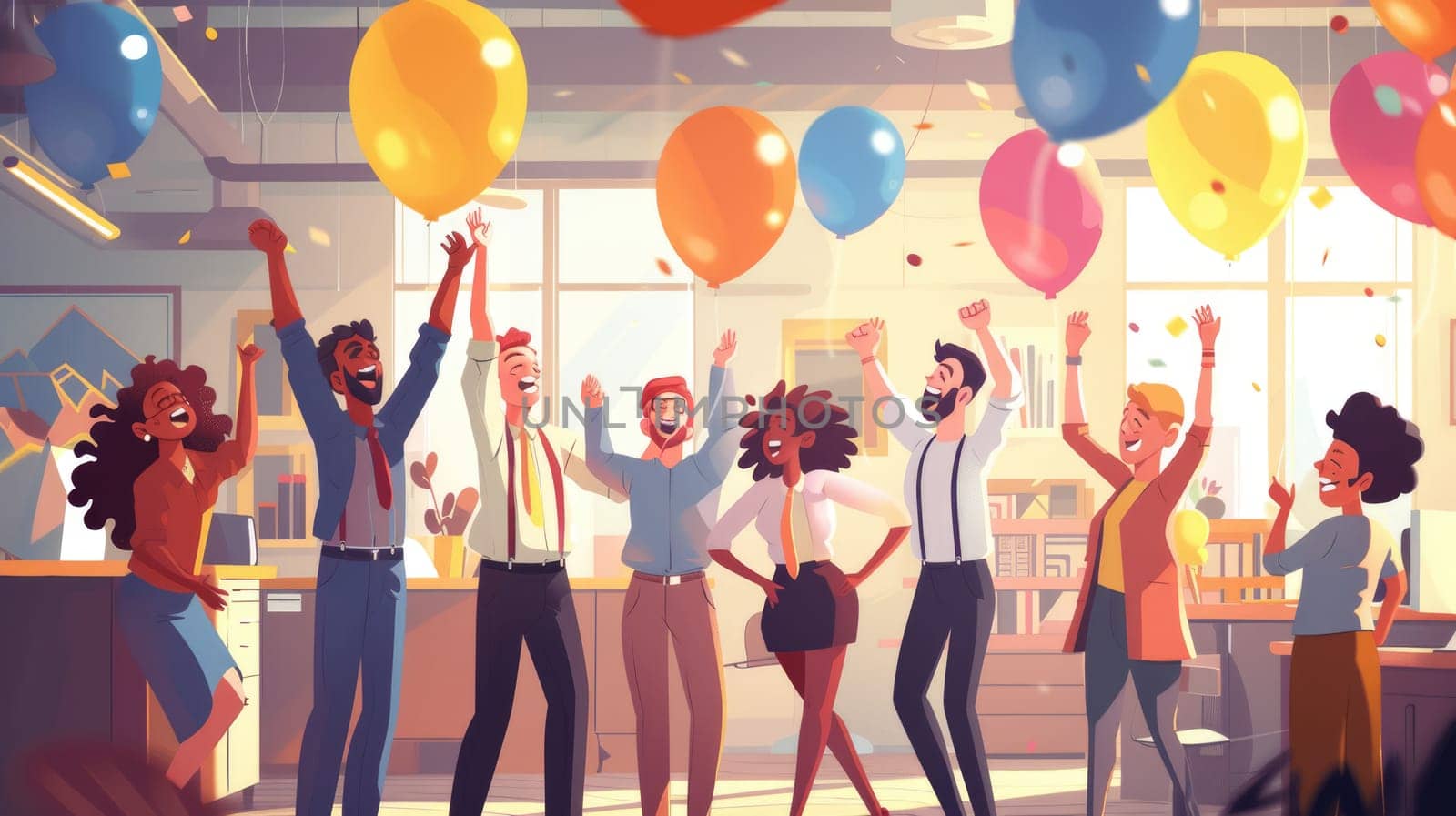 Group of people celebrating birthday with balloons and confetti AIG41