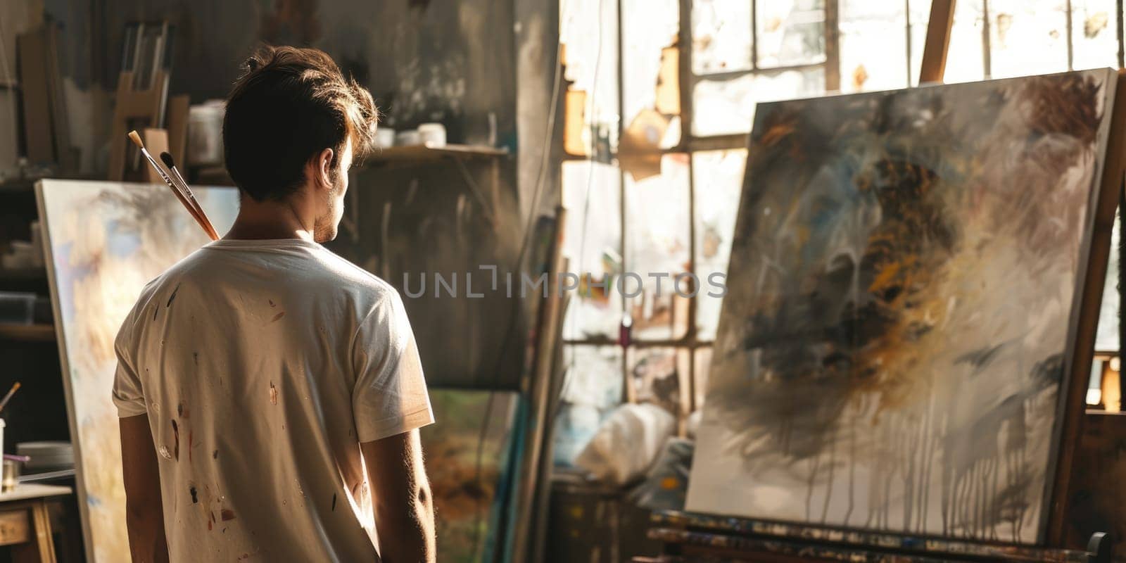 Creative artist designing and painting canvas while holding paintbrush in art lesson. Attractive young teenager working and creating artwork and sitting in front of canvas at modern art studio. AIG42.