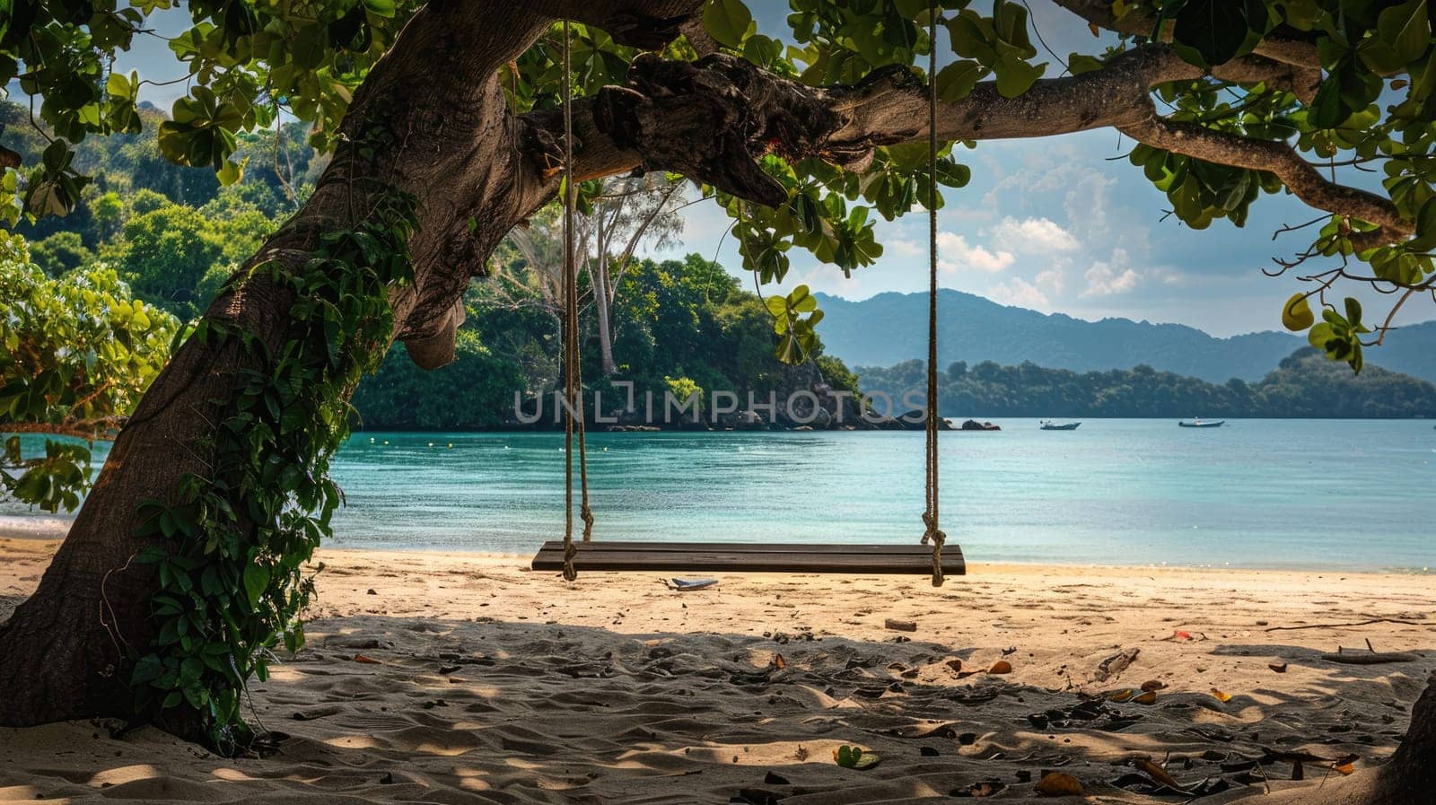 A wooden swing hangs from a tree on a beach, overlooking the water with boats sailing in the distance under a sky dotted with fluffy clouds AIG50