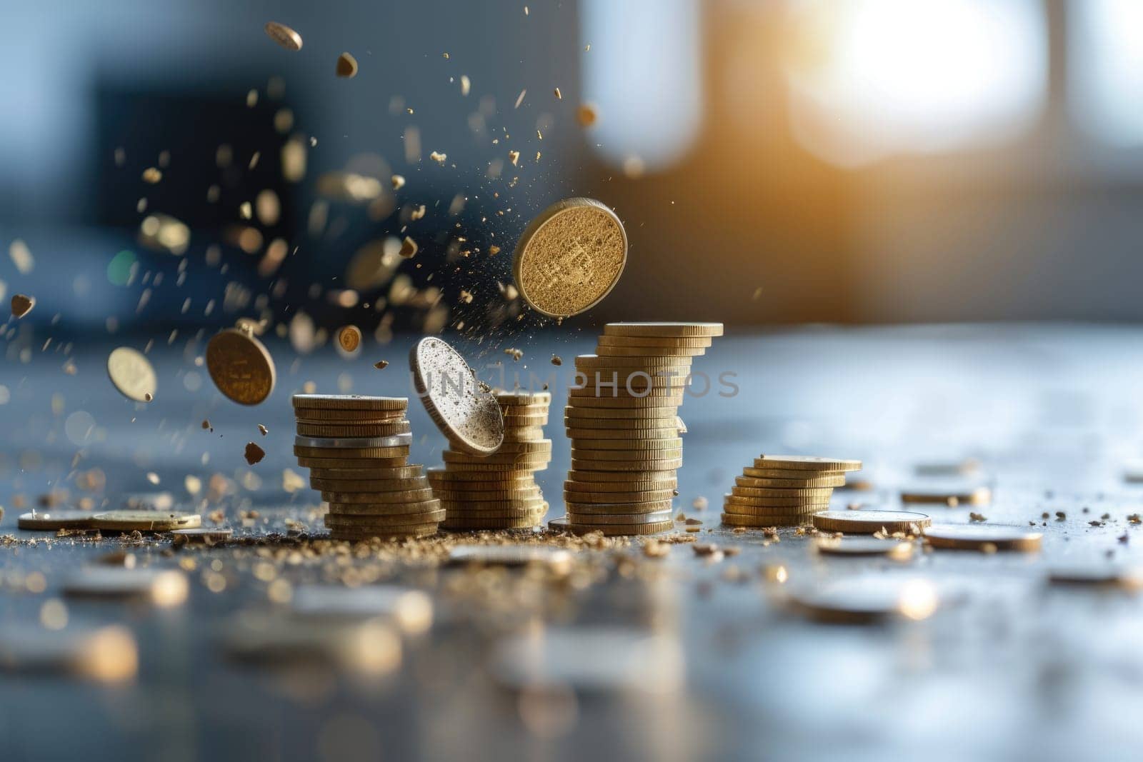 Economic downturn, debt crisis and market crash concept shown by shattering coins AIG41