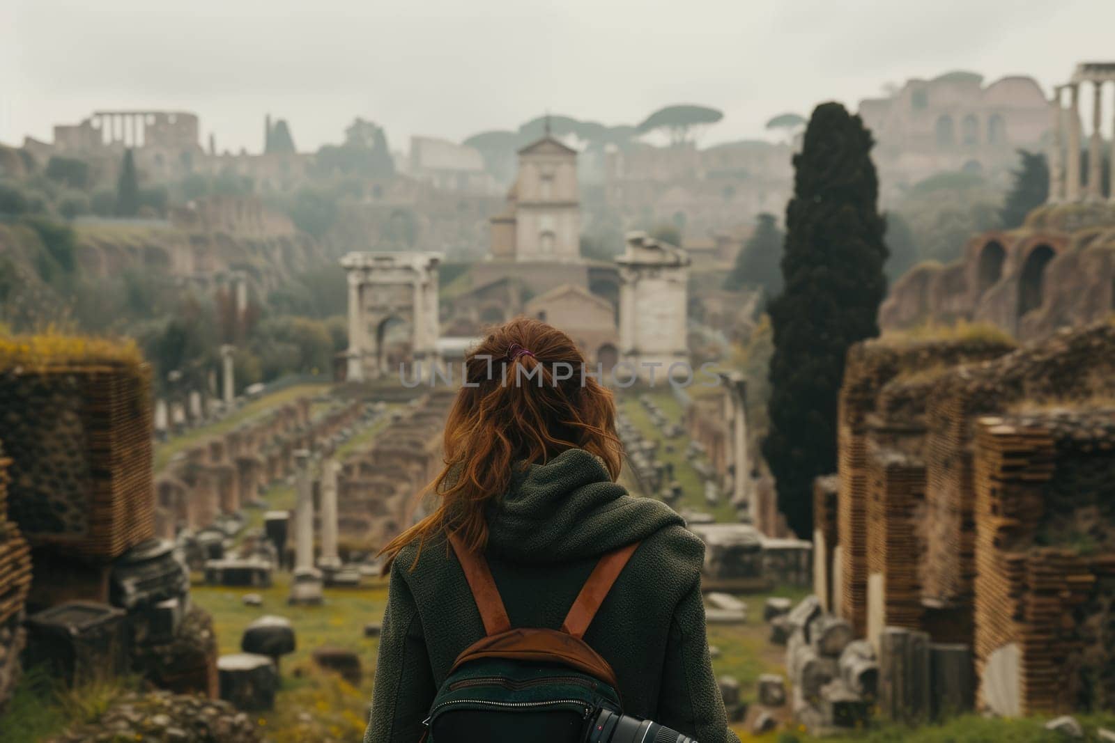 Back view of young happy woman exploring while standing at ancient site. Attractive female adventurer or traveler inspecting while wandering at ancient temple or amazing scenery with blue sky. AIG42.