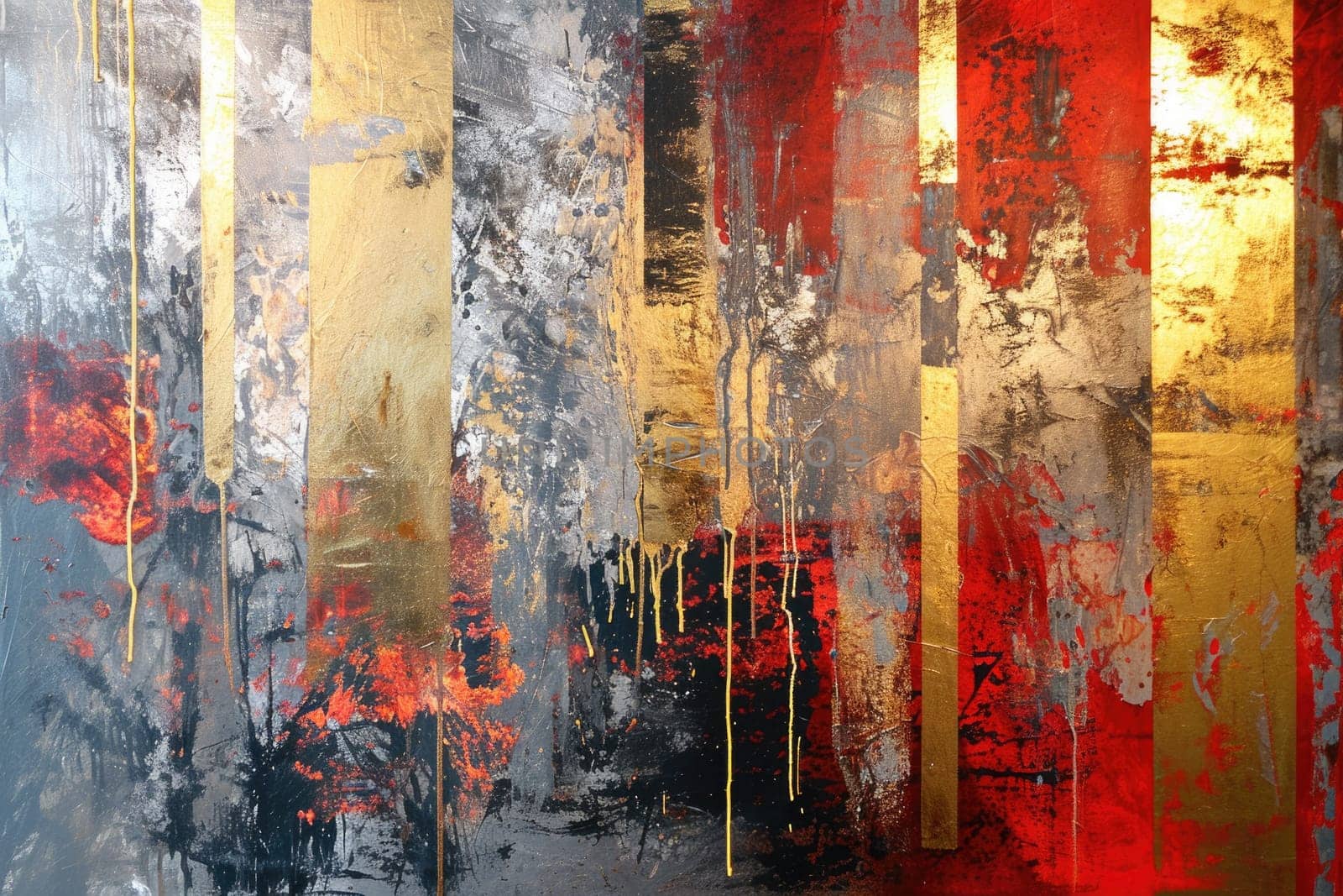 The abstract picture of the gold, red and grey colour that has been painted or splashed on the white blank background wallpaper to form the random shape that cannot be describe yet beautiful. AIGX01.