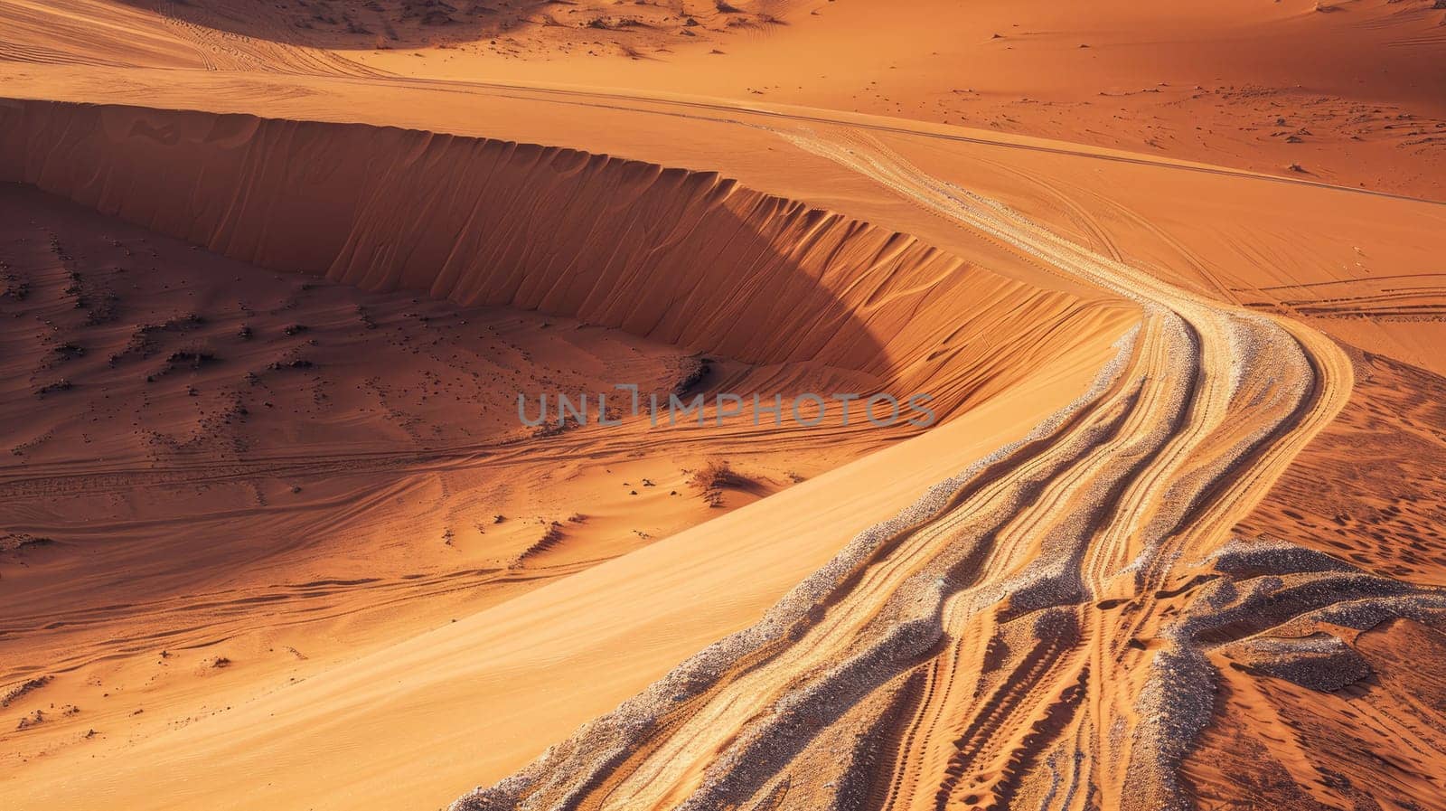 A natural landscape in the desert with tire tracks on a dirt road winding through the sand, framed by a clear blue sky and sparse plants AIG50