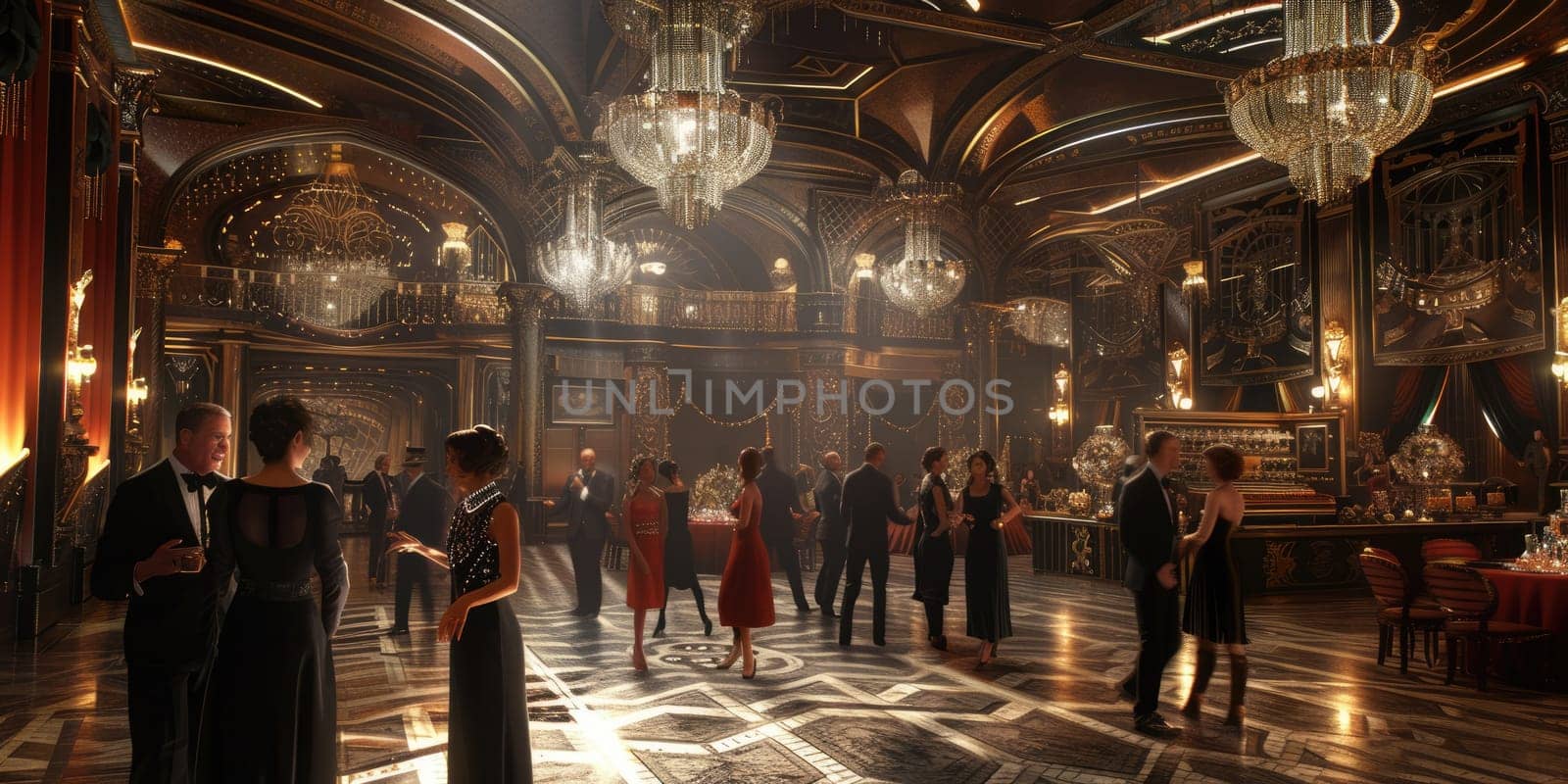 An art deco inspired ballroom from the 1920s, with elegant dancers and lavish decor. Resplendent.