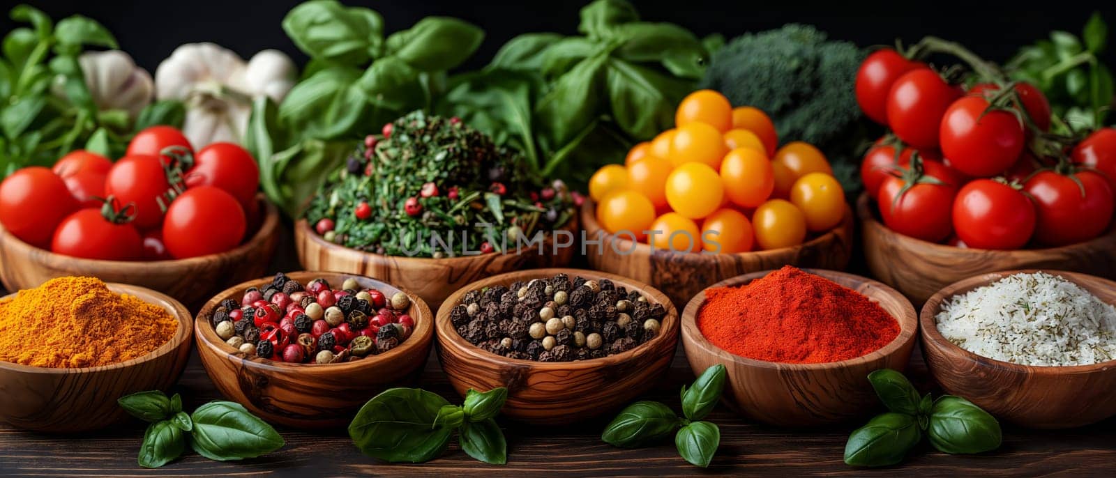 Variety of colorful spices alongside fresh produce. Selective focus.