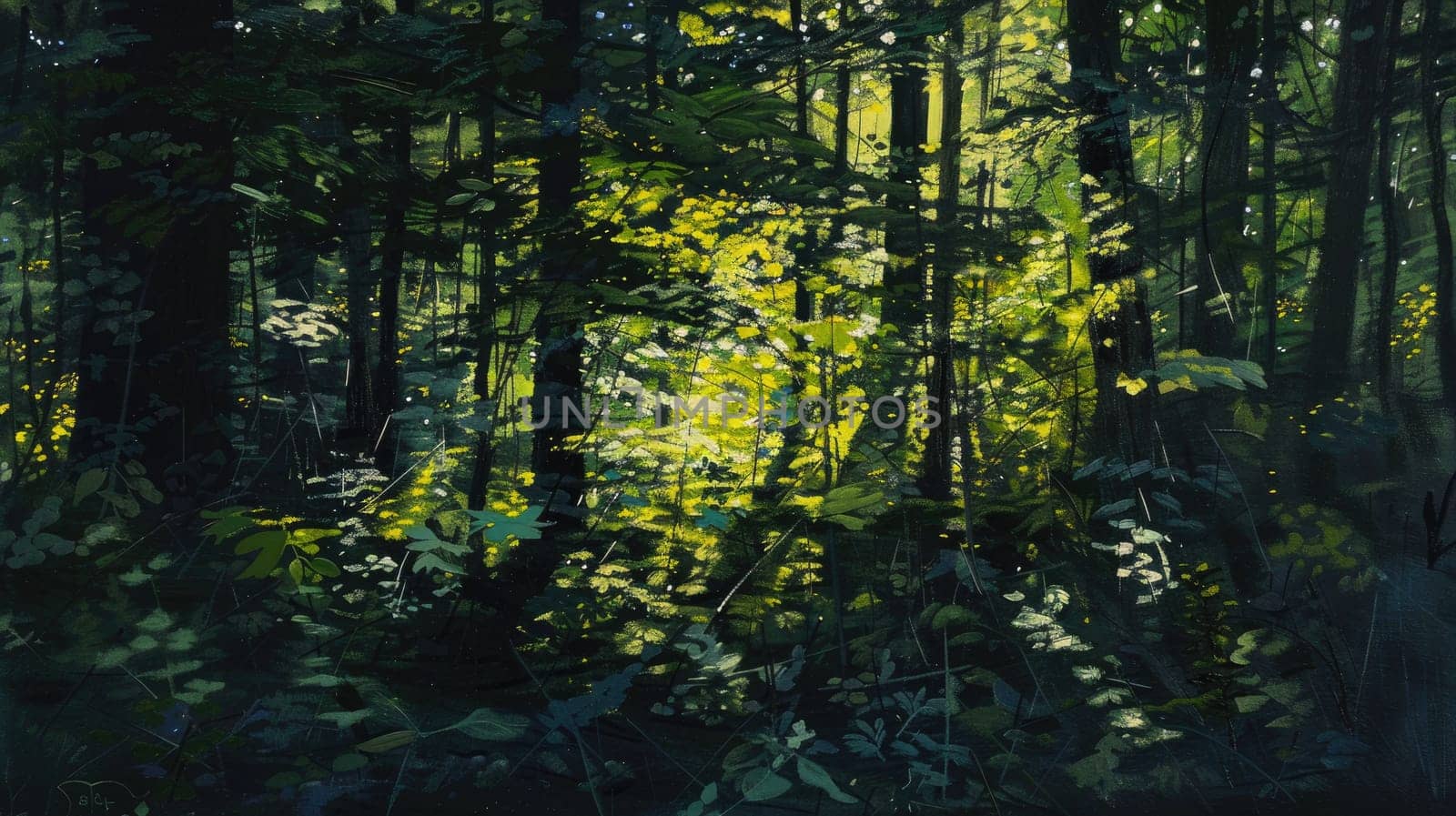 The sunlight filters through the conifer trees in the forest, painting a stunning landscape with evergreen foliage and freezing water shimmering on the grass and twigs AIG50