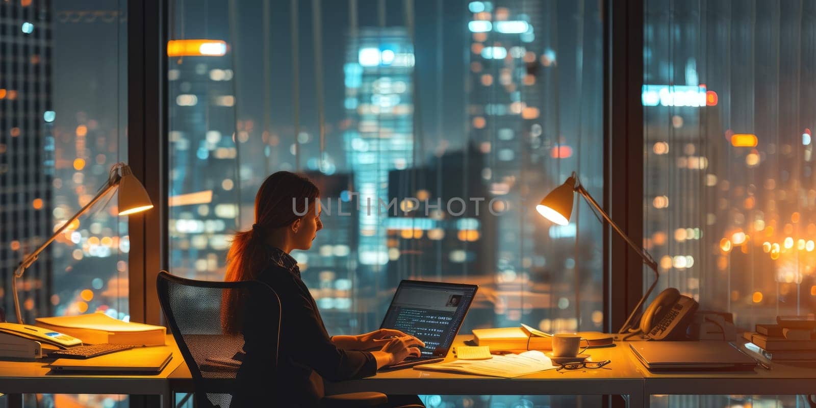 Professional business man working while using computer at night office. Skilled smart project manager looking at laptop while planning marketing strategy at modern office with skyscraper view. AIG42.