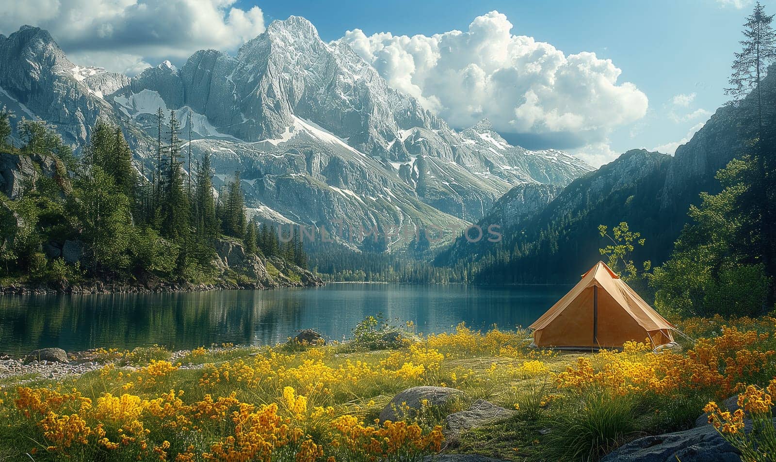 Camping tent against the backdrop of a lake and mountains. Selective focus.