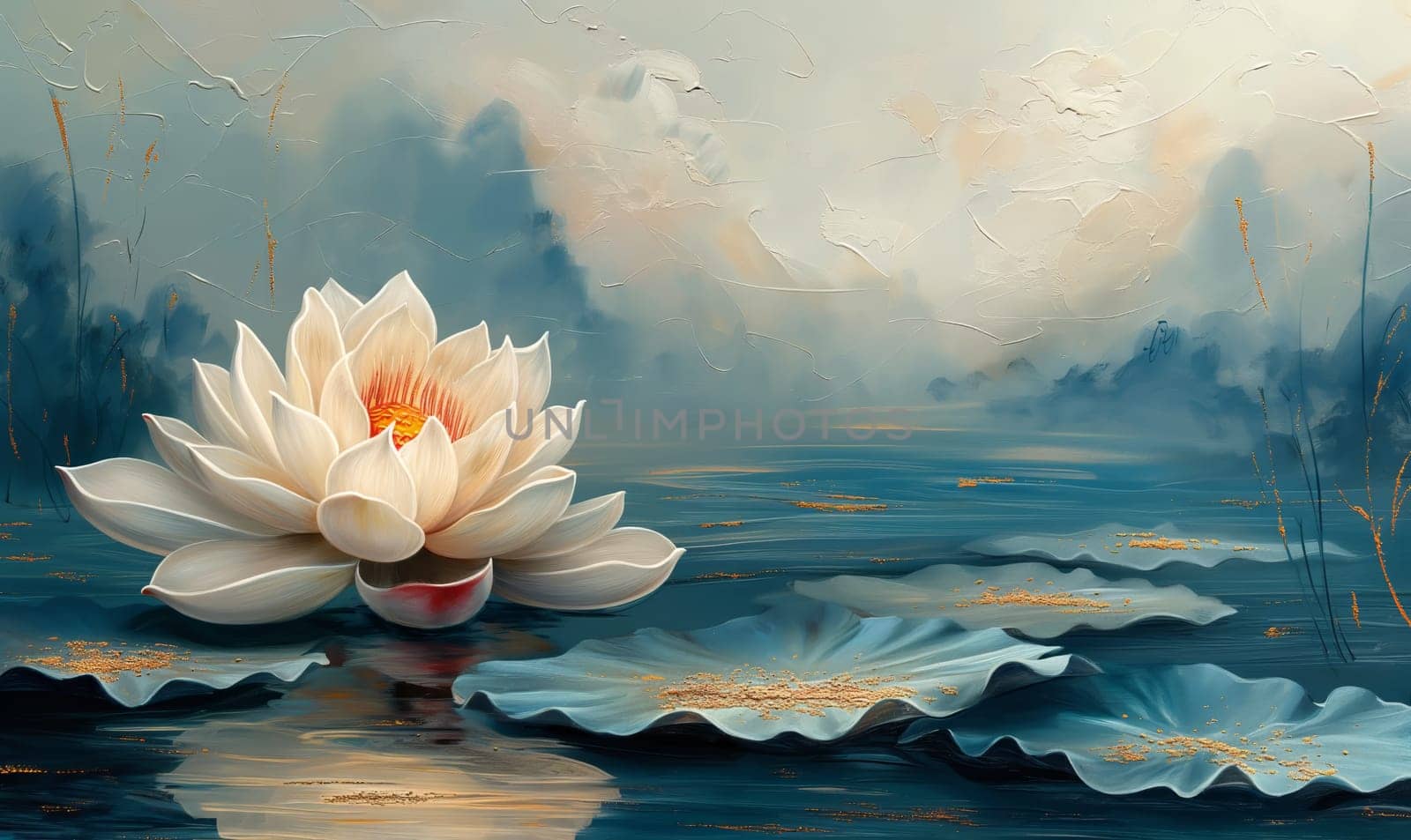 Serene Lotus Bloom on Tranquil Pond at Dawn. Selective focus.