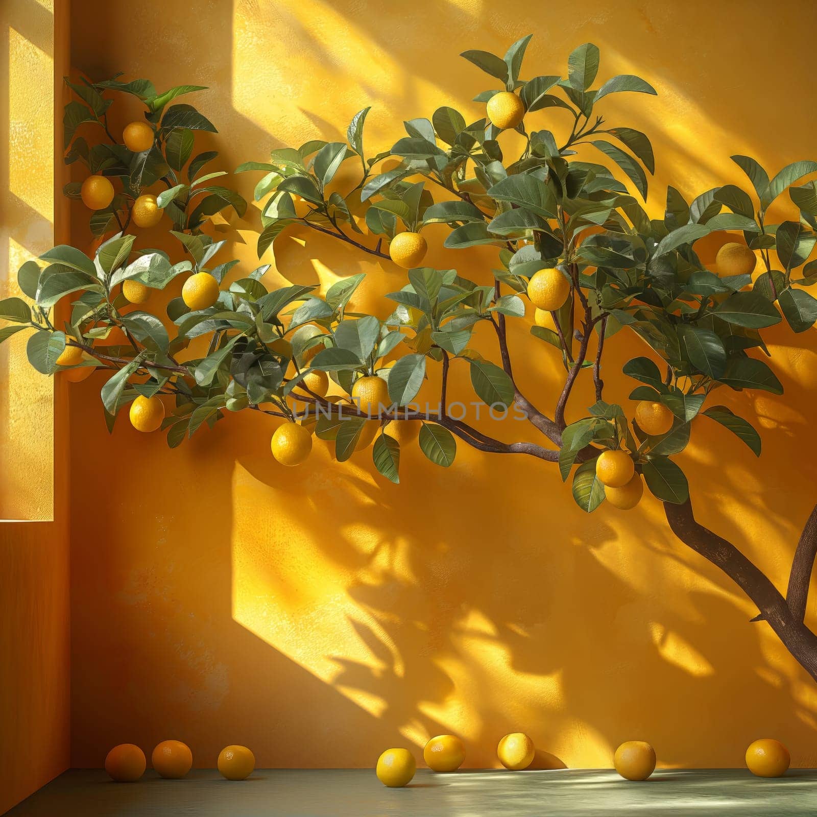 Orange Tree by Yellow Wall. Selective focus.