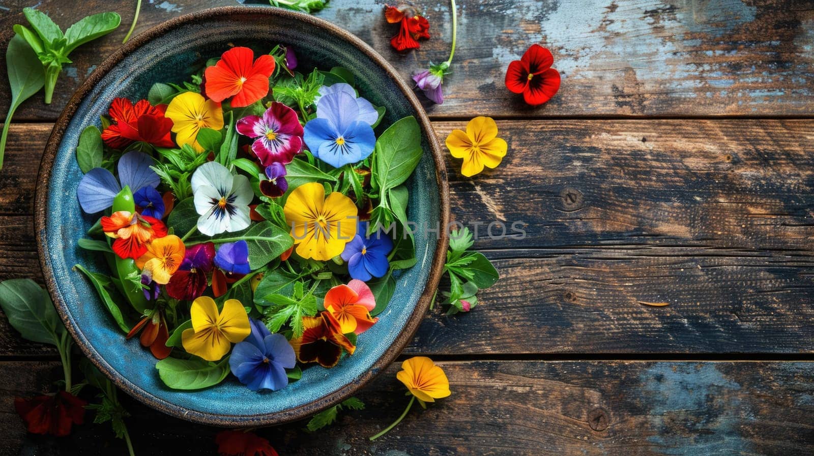 A colorful salad bowl decorated with edible flowers sits on a rustic wooden table, creating a beautiful and artistic display of natures bounty AIG50