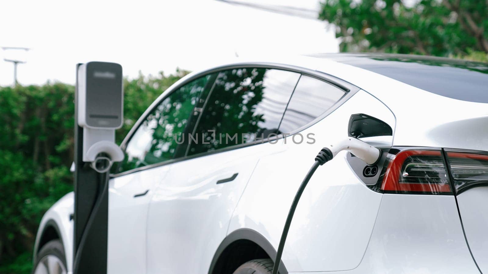 EV electric car recharge battery at parking lot in natural green city park. Alternative clean energy technology for rechargeable automobile for sustainable and eco friendly urban travel. Synchronos