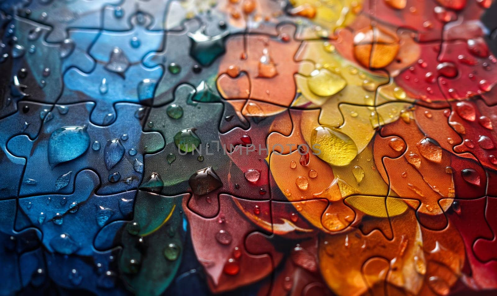 Close Up Puzzle Piece With Water Droplets. Selective focus.