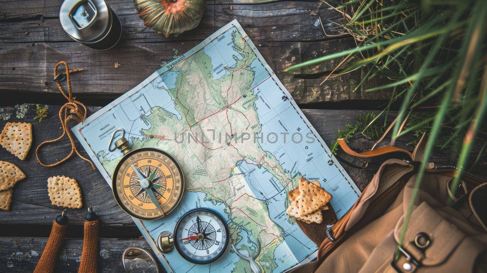 A wooden table is set with a delicious spread of food and a map, creating the perfect setting for planning a culinary road trip adventure AIG50