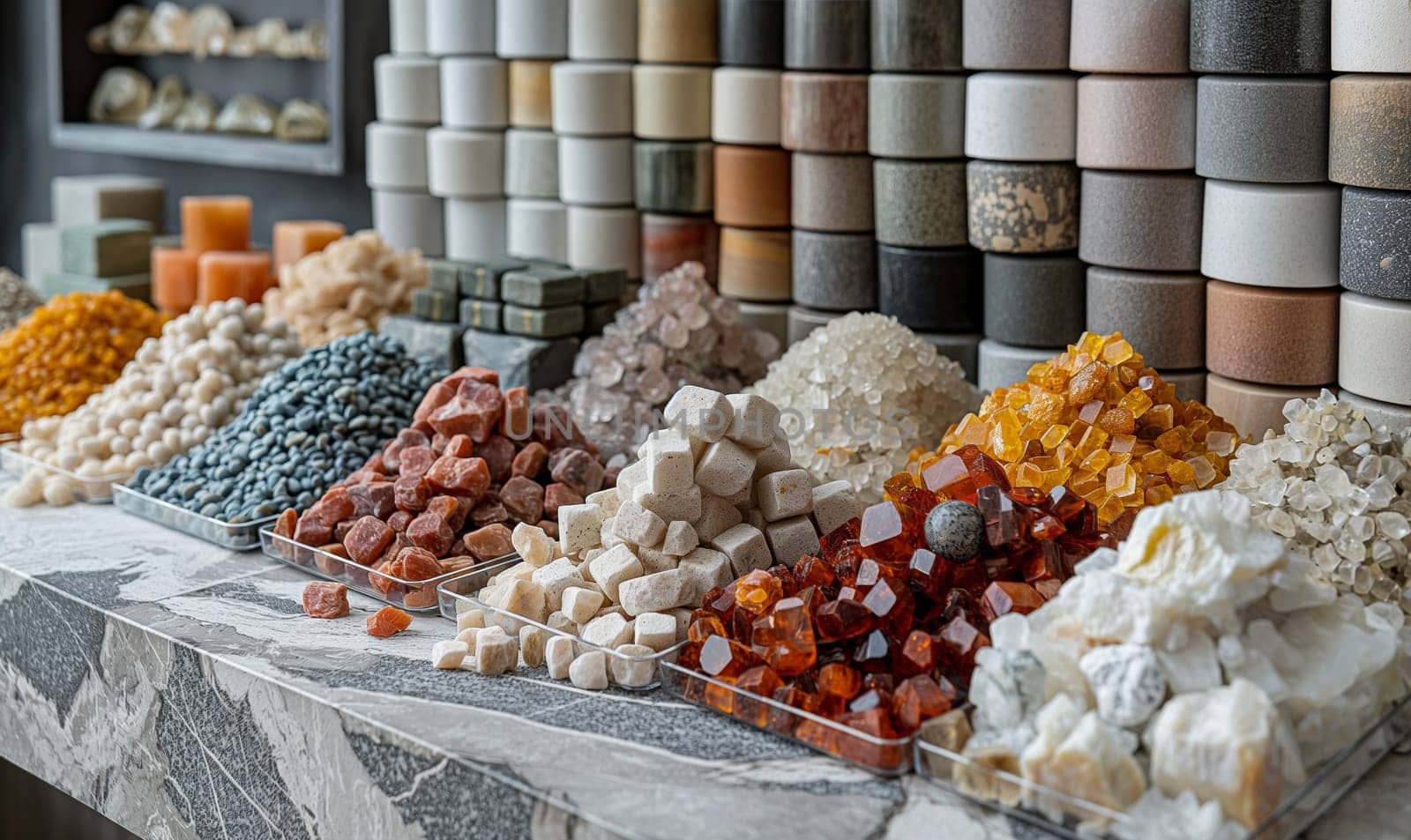 Assorted Minerals on Display at Market Stall. Selective focus.