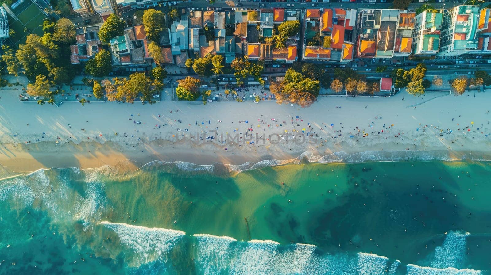 An aerial view of a city by the waterfront showcasing urban design, architectural buildings, and natural landscapes including condominiums, houses, and art installations AIG50