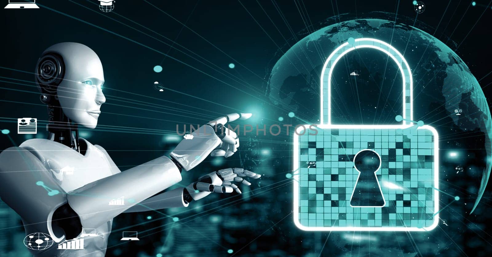 MLP 3d illustration AI robot huminoid uses cloud computing technology to store data on online server. Futuristic concept of cloud information storage analyzed by machine learning process. 3D rendering.