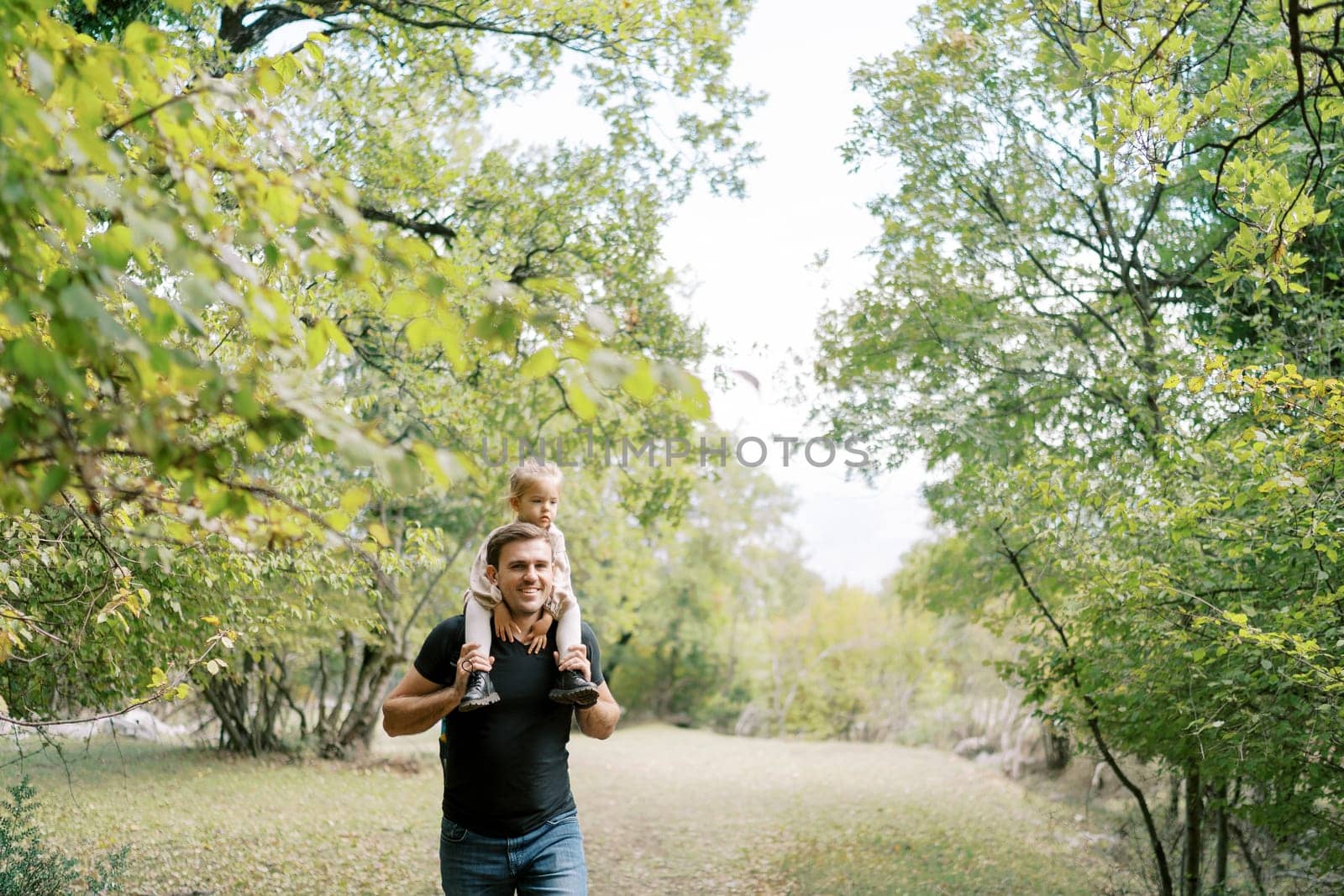 Smiling dad with a little girl on his shoulders walks through a green forest. High quality photo