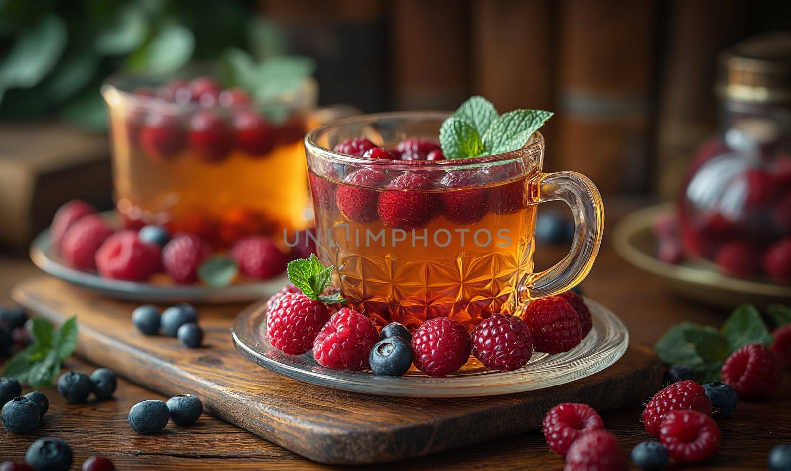 Refreshing Cup of Tea With Fresh Berries and Mint. Selective focus.