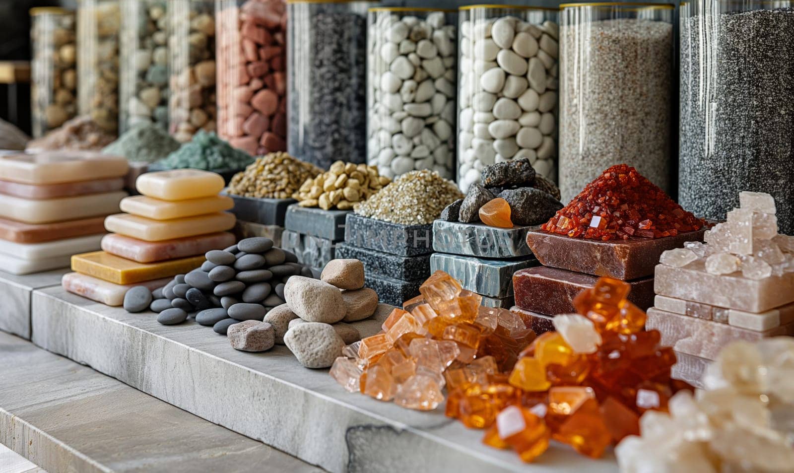 Assorted Minerals on Display at Market Stall. Selective focus.