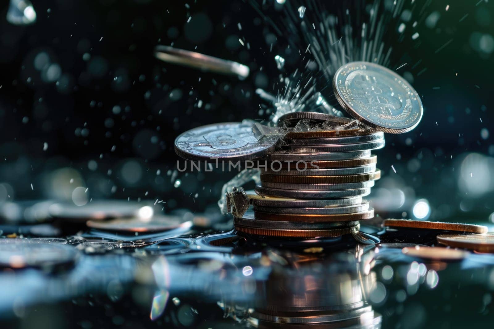 Economic downturn, debt crisis and market crash concept shown by shattering coins AIG41