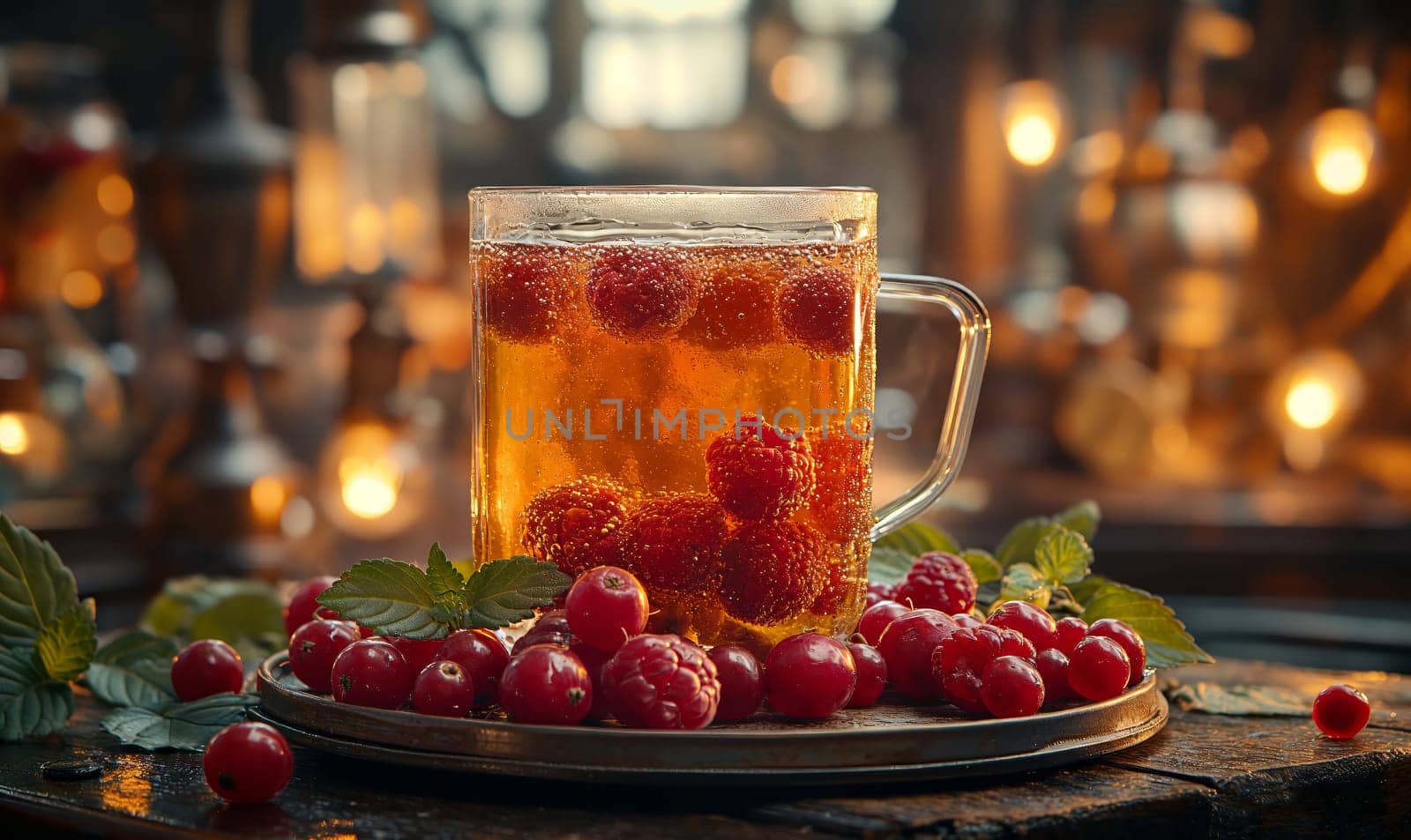 Refreshing Cup of Tea With Fresh Berries and Mint. Selective focus.