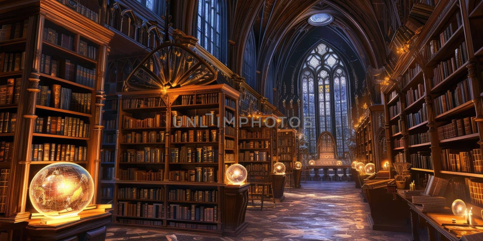 An ancient library filled with magical books, glowing orbs, and mystical artifacts. Shelves reach up to a high, vaulted ceiling, with soft light filtering through stained glass windows. Resplendent.